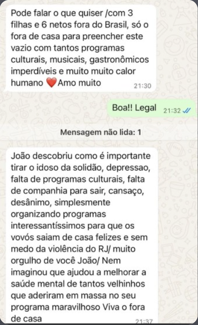 Mensagem sobre programas culturais, musicais e gastronômicos do Fora de Casa