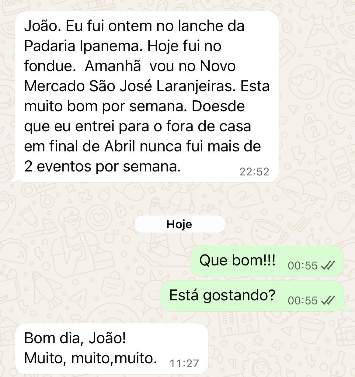 Participante contando que passou a ir a vários eventos por semana com o Fora de Casa