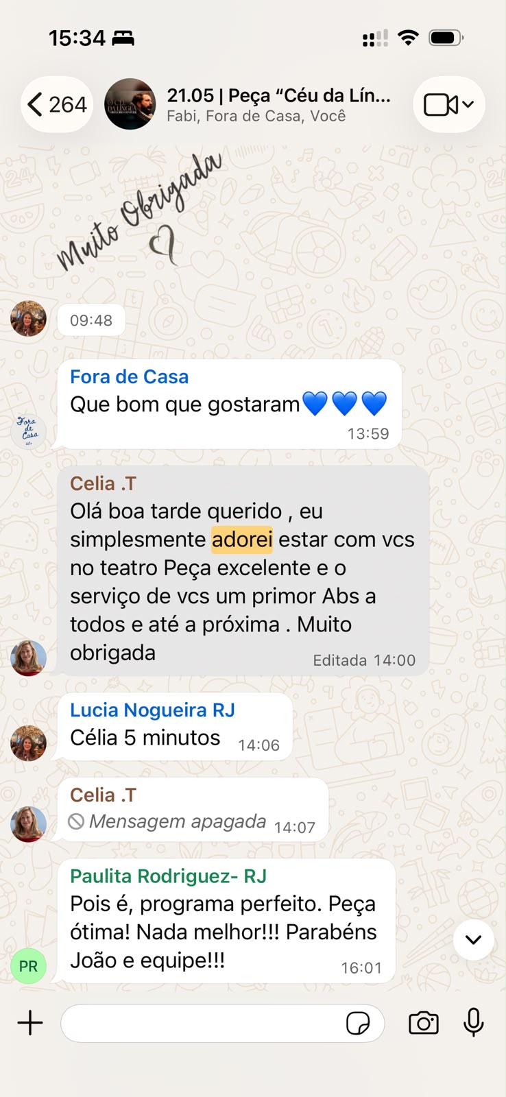 Mensagens de participantes após a peça de teatro Céu da Língua