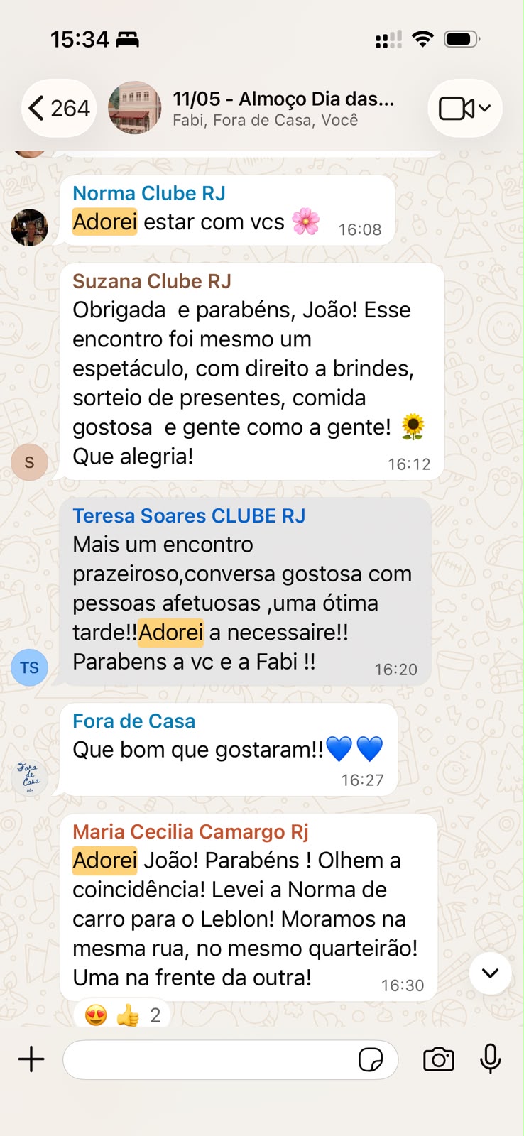 Mensagens do grupo do almoço do Dia das Mães elogiando o encontro